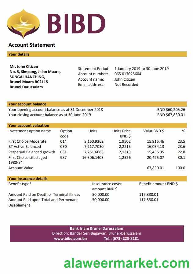 Brunei Bank Islam Brunei Darussalam bank statement template in Word and PDF format
